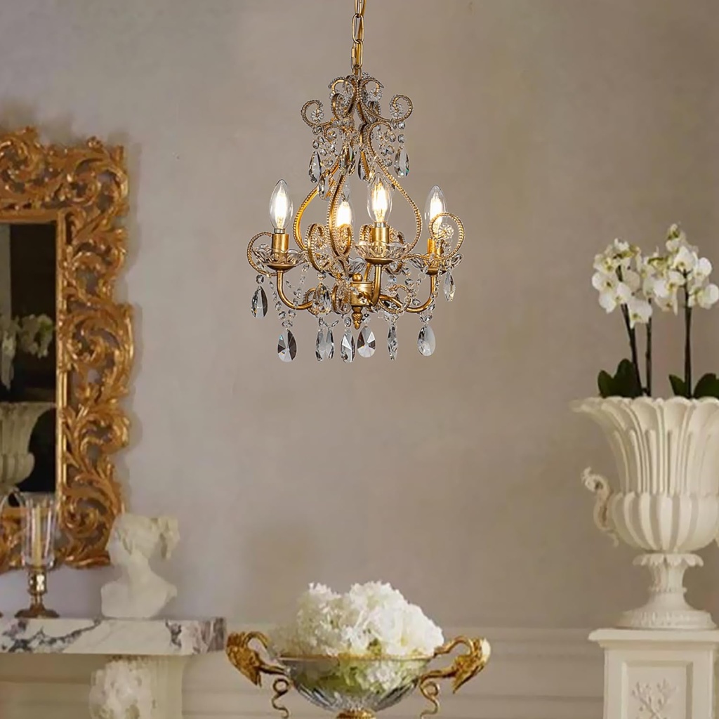 French Country Antique Gold Crystal Candle Pendant Light