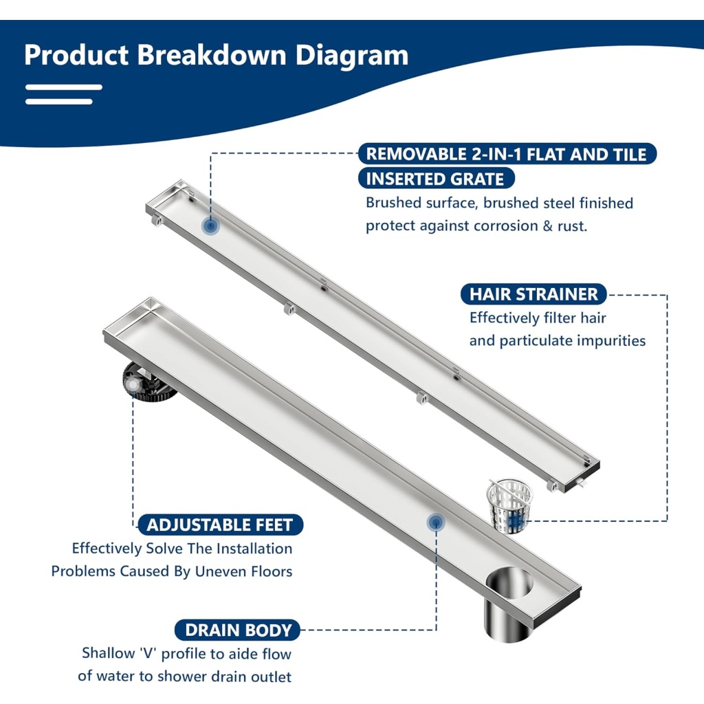 Neodrain 36-Inch Offset Linear Shower Drain | Brushed 304 Stainless Steel Shower Floor Drain